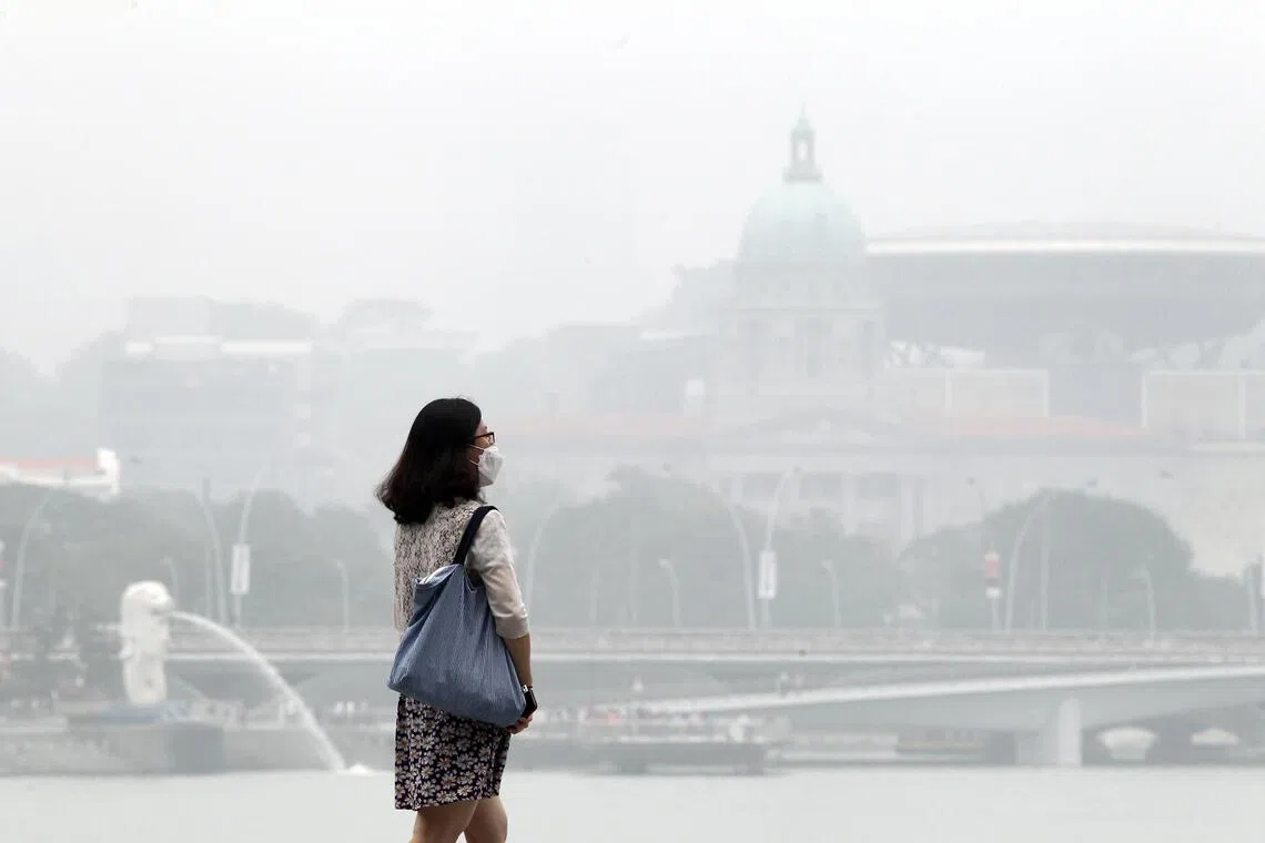 Local landmarks such as Merlion Park and the National Gallery shrouded in haze in September 2015.