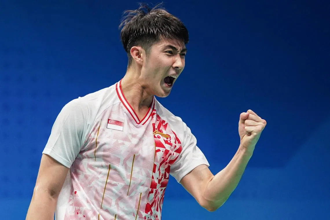 Asian Games - Hangzhou 2022 - Badminton - Binjiang Gymnasium, Hangzhou, China - September 28, 2023
Singapore's Loh Kean Yew reacts during the Men's Team Round of 16 Sports Singapore via REUTERS/Weixiang Lim