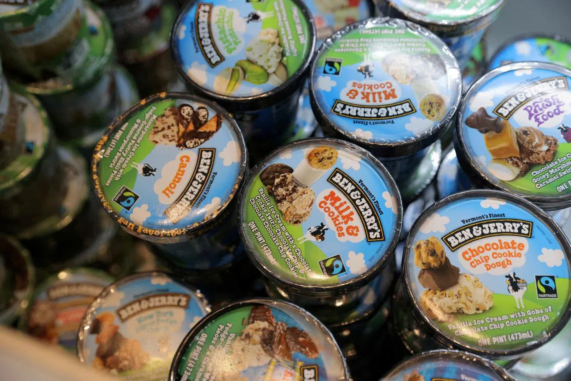 FILE PHOTO: Ben & Jerry's ice cream is seen on display in a store in Manhattan, New York City, U.S., March 24, 2022. REUTERS/Andrew Kelly/File Photo