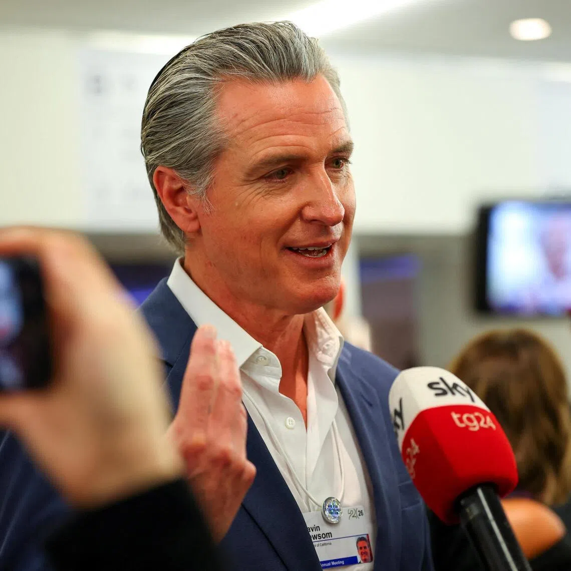 California Governor Gavin Newsom speaks to the media as he attends the 56th annual World Economic Forum (WEF) meeting in Davos, Switzerland, January 20, 2026. REUTERS/Denis Balibouse