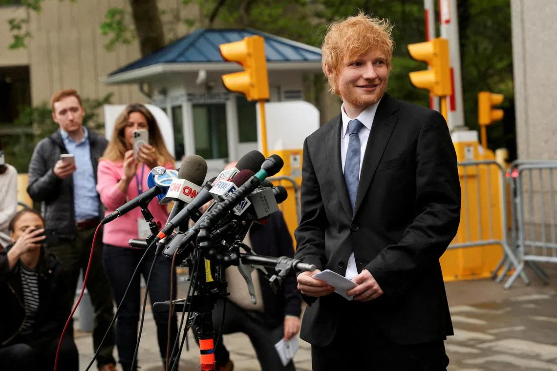 Singer Ed Sheeran speaks to the media, after his copyright trial at Manhattan federal court, in New York City on May 4, 2023. 