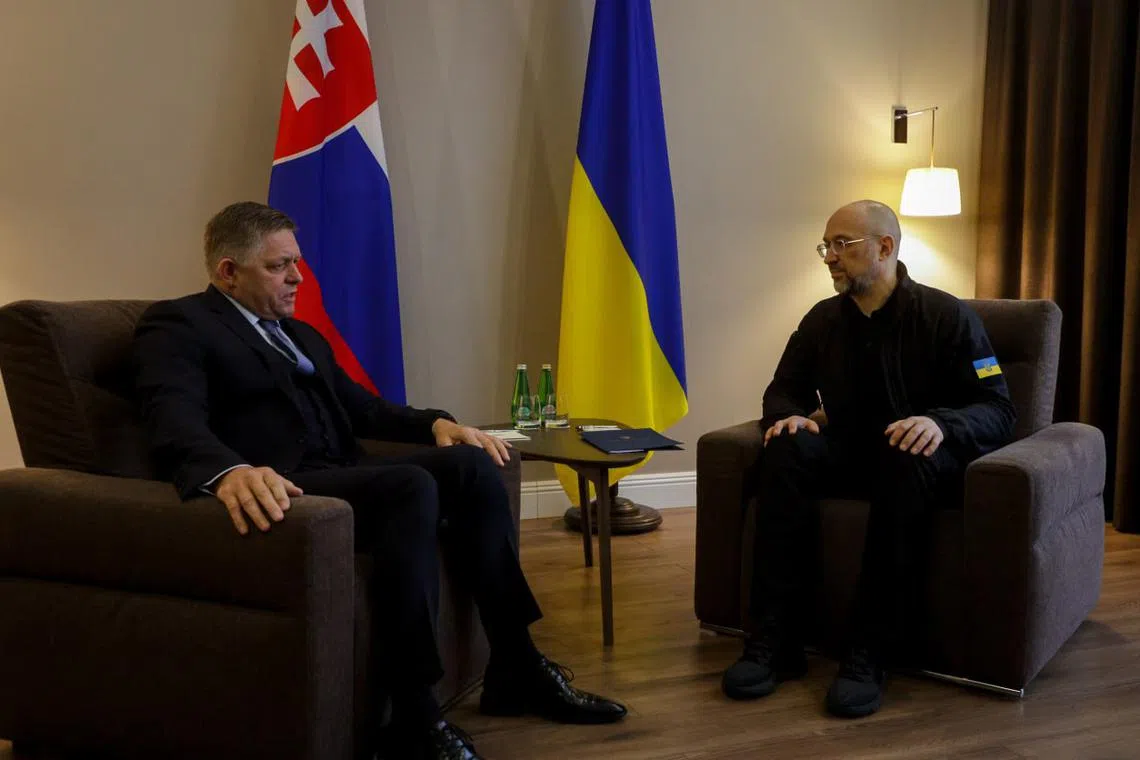 Ukrainian Prime Minister Denys Shmyhal (right) hosted Slovakian Prime Minister Robert Fico in the Ukrainian town of Uzhhorod, close to the countries’ shared border, for a summit designed to cool tensions.