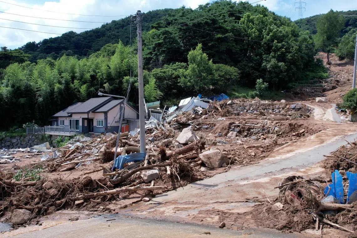A drone view of the aftermath of a landslide, following days of torrential rain that triggered floods and landslides, in Sancheong county, South Korea, July 20, 2025, in this still image taken from a handout video.  Seo Kyung Broadcasting/Handout via REUTERS