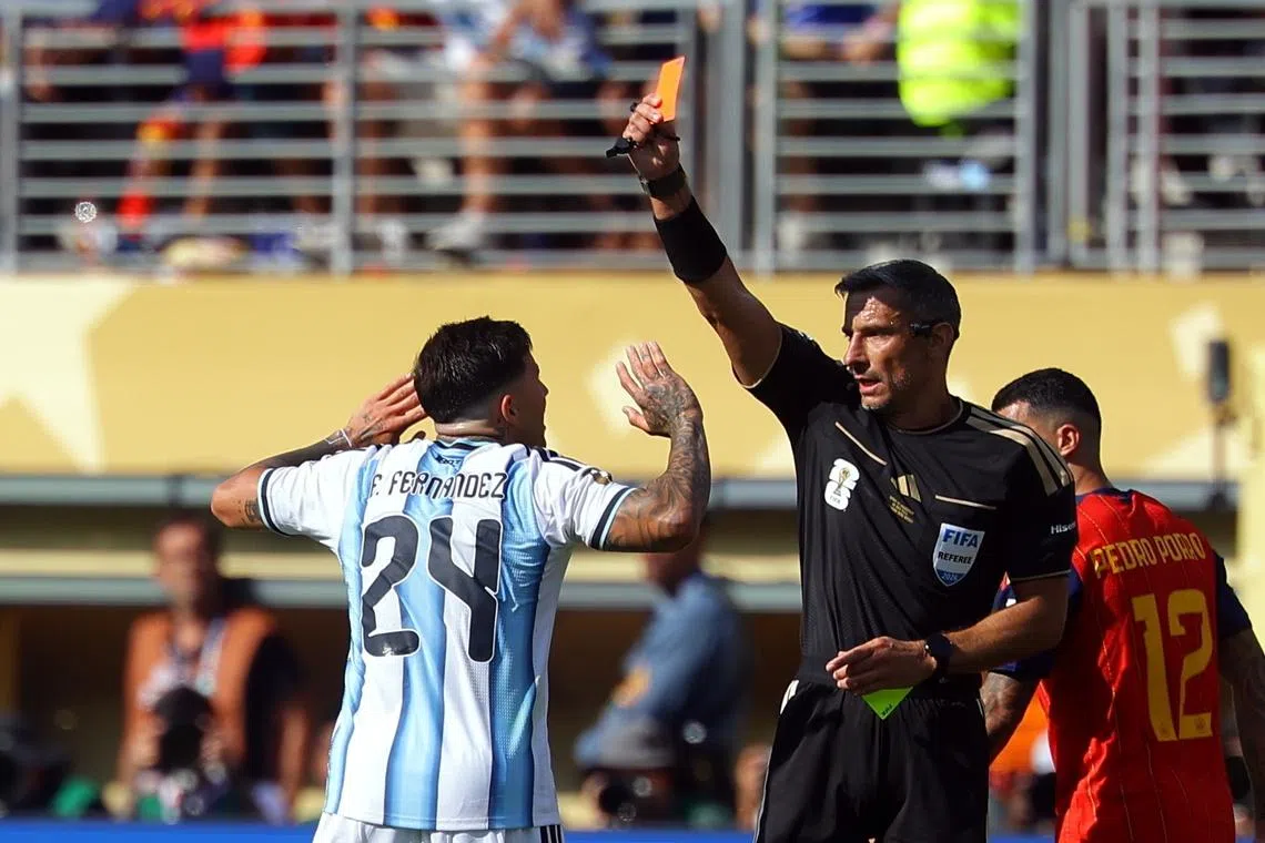 Argentina’s Enzo Fernandez was sent off after picking up his second yellow from a late challenge.