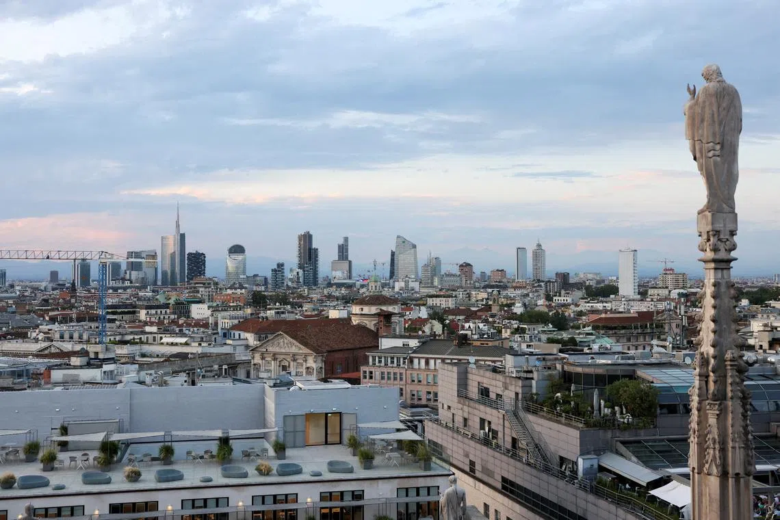 FILE PHOTO: A view shows Milan's skyline during sunset in Milan, Italy, July 6, 2023. REUTERS/Claudia Greco/File Photo