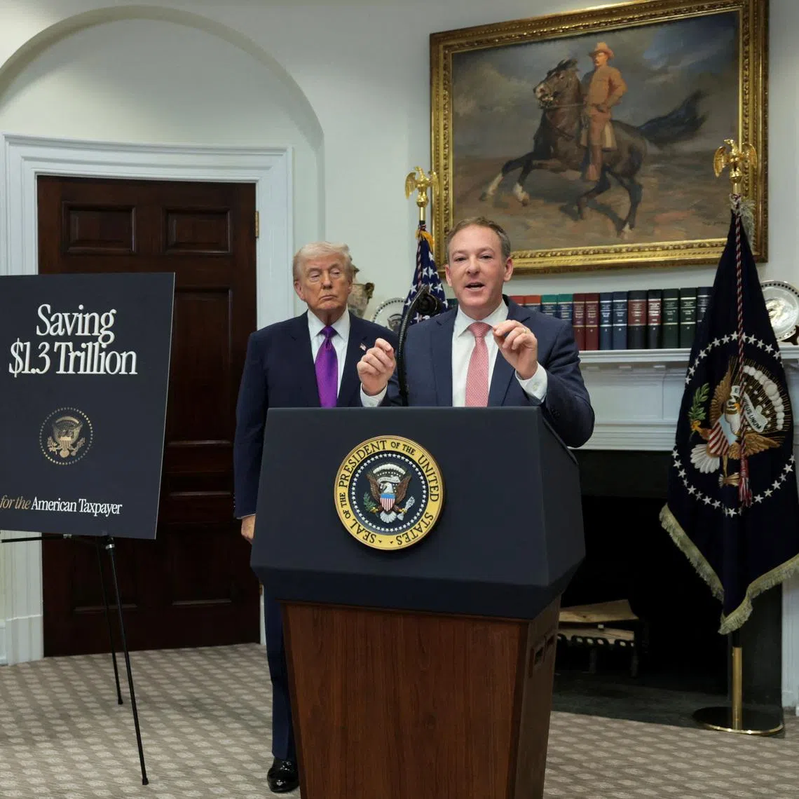 Environmental Protection Agency (EPA) Administrator Lee Zeldin speaks accompanied by U.S. President Donald Trump, at the White House in Washington, D.C., U.S., February 12, 2026. REUTERS/Jonathan Ernst