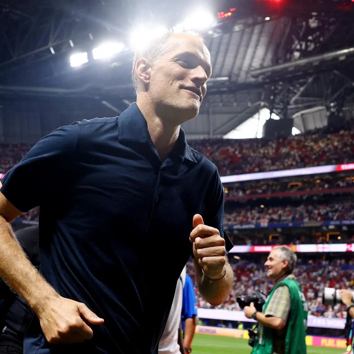 Soccer Football - FIFA World Cup 2026 - Round of 32 - England v DR Congo - Atlanta Stadium, Atlanta, Georgia, U.S. - July 1, 2026 England manager Thomas Tuchel celebrates after the match as England qualify for the round of 16 stage of the World Cup REUTERS/Claudia Greco