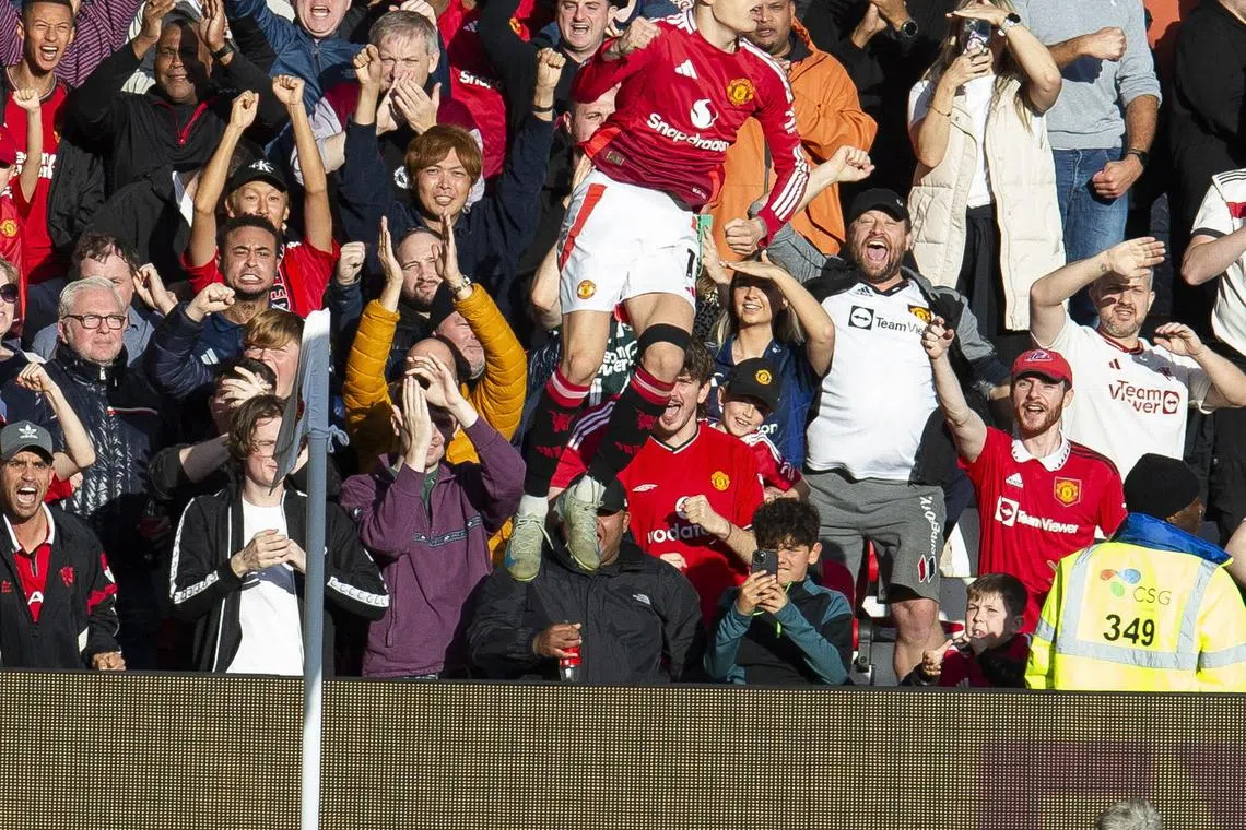 Argentinian winger Alejandro Garnacho celebrating after scoring the equaliser in a 2-1 English Premier League home win over Brentford at Old Trafford on Oct 19.