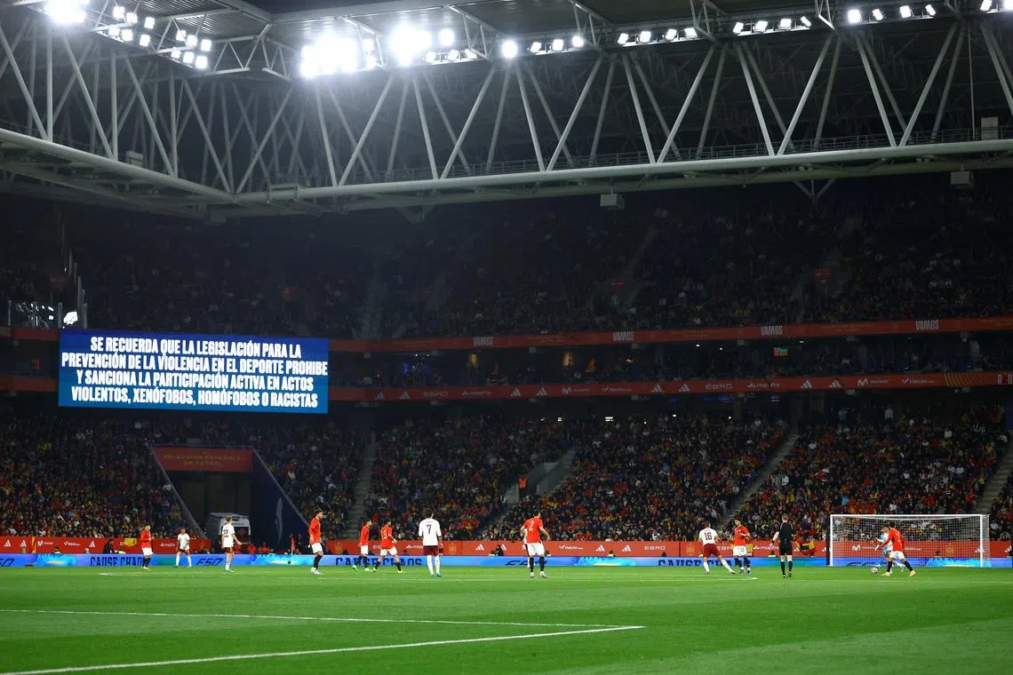 Soccer Football - International Friendly - Spain v Egypt - RCDE Stadium, Cornella de Llobregat, Spain - March 31, 2026 A big screen displays a anti discrimination message inside the stadium during the match REUTERS/Albert Gea