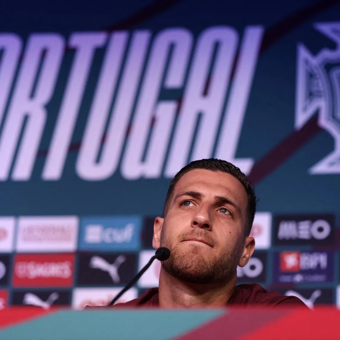 Soccer Football - FIFA World Cup 2026 - Portugal Press Conference - The Gardens North County District Park, Palm Beach Gardens, Florida, U.S. - June 20, 2026 Portugal's Diogo Dalot during press conference REUTERS/Amanda Perobelli