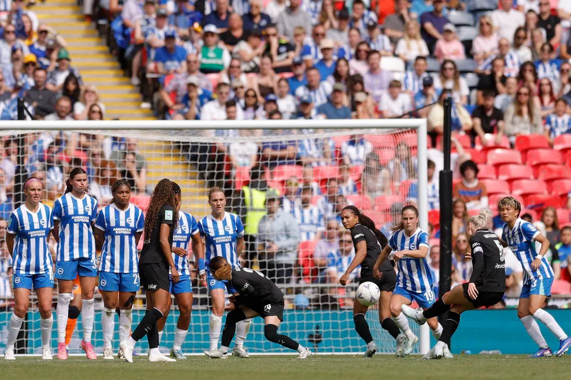Soccer Football - Women's FA Cup - Final - Brighton & Hove Albion v Manchester City - Wembley Stadium, London, Britain - May 31, 2026 Manchester City's Alex Greenwood scores their second goal from a free-kick Action Images via Reuters/Andrew Couldridge