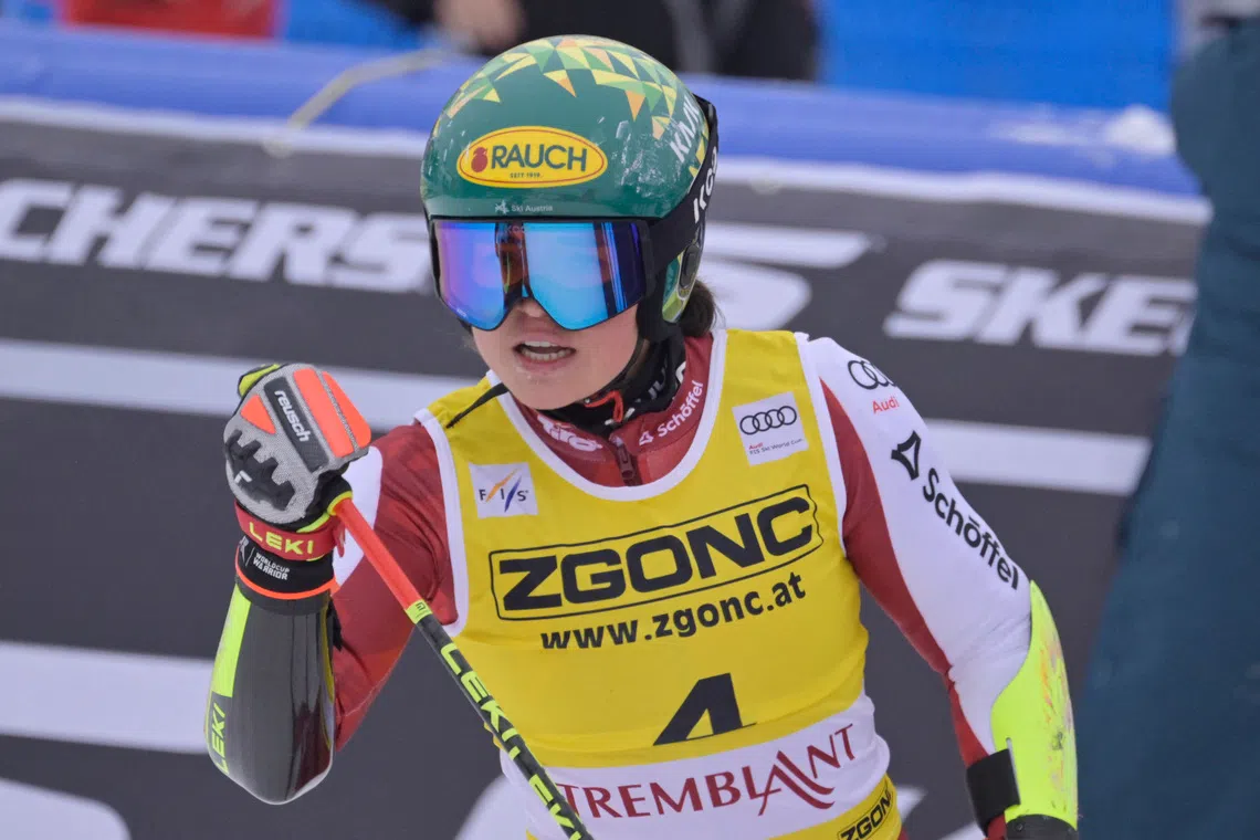Dec 7, 2025; Mont-Tremblant, Quebec, CANADA; Julia Scheib of Austria reacts during the second run of the women's giant slalom race during the PwC Tremblant alpine skiing World Cup at Mont-Tremblant Ski Resort. Mandatory Credit: Eric Bolte-Imagn Images