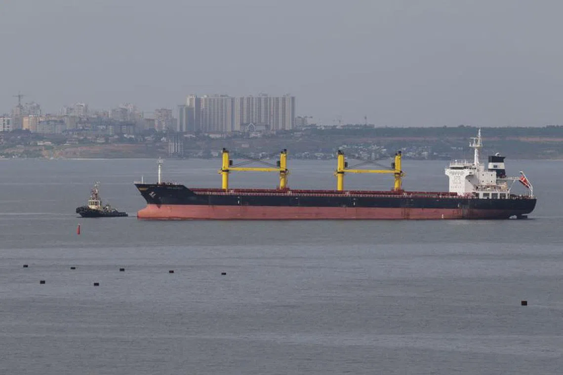 FILE PHOTO: Barbados-flagged bulk carrier Super Martinelli arrives at the sea port of Odesa after restarting grain export, amid Russia's attack on Ukraine, in Ukraine May 21, 2023.  REUTERS/Serhii Smolientsev/File Photo