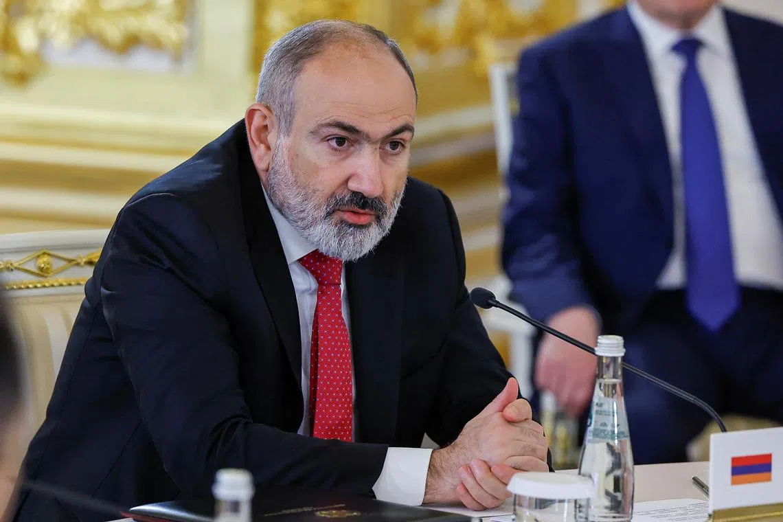 FILE PHOTO: Armenian Prime Minister Nikol Pashinyan speaks during a meeting of the Supreme Eurasian Economic Council at the summit of the Eurasian Economic Union (EAEU) in Moscow, Russia, May 8, 2024. REUTERS/Evgenia Novozhenina/Pool/File Photo