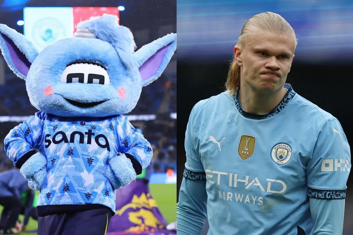 City's Erling Haaland was the subject of a police complaint after delivering a playful knock to the head of club mascot Moonbeam.