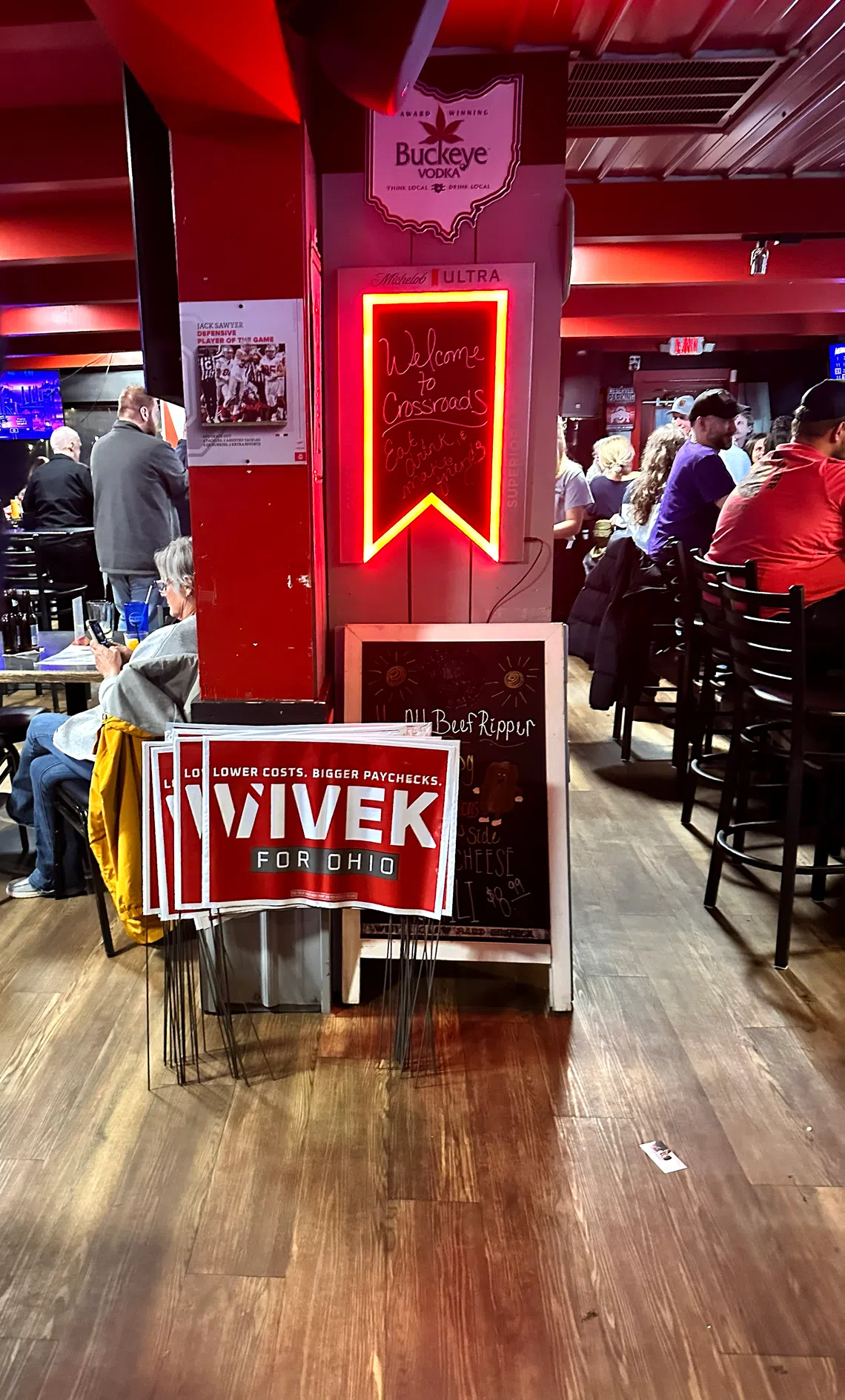 Yard signs supporting billionaire biotech investor Vivek Ramaswamy’s bid to be elected the governor of Ohio at a pub on Oct 16.