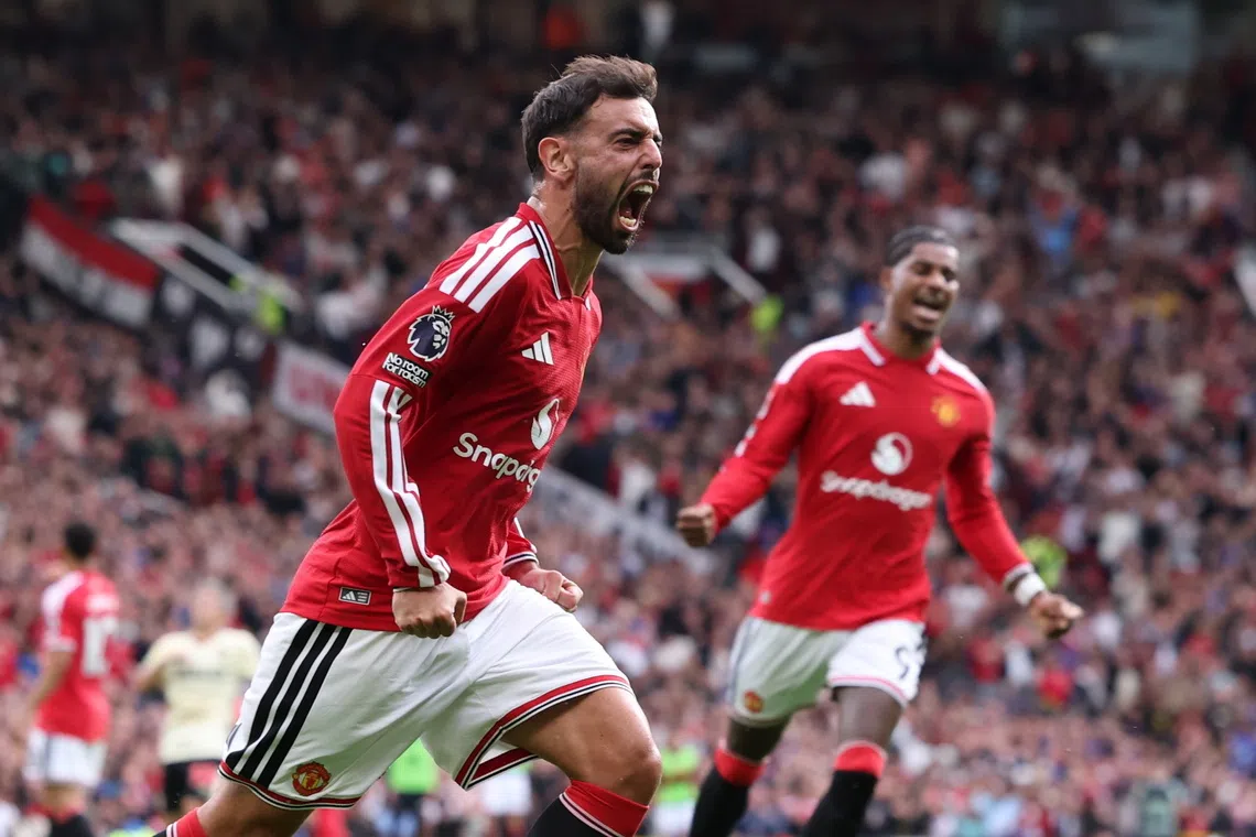 Bruno Fernandes of Manchester United celebrates scoring the 1-1 goal against Ipswich Town, in Manchester, Britain.