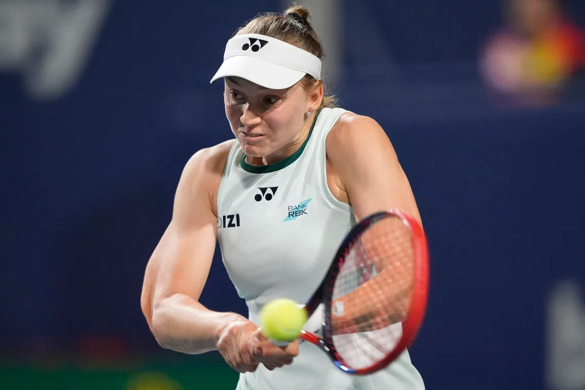 Aug 12, 2026; Toronto, Ontario, Canada; Elena Rybakina (KAZ) hits a ball to Coco Gauff (not pictured) during the semi finals at the National Bank Open at Sobeys Stadium. Mandatory Credit: John E. Sokolowski-Imagn Images