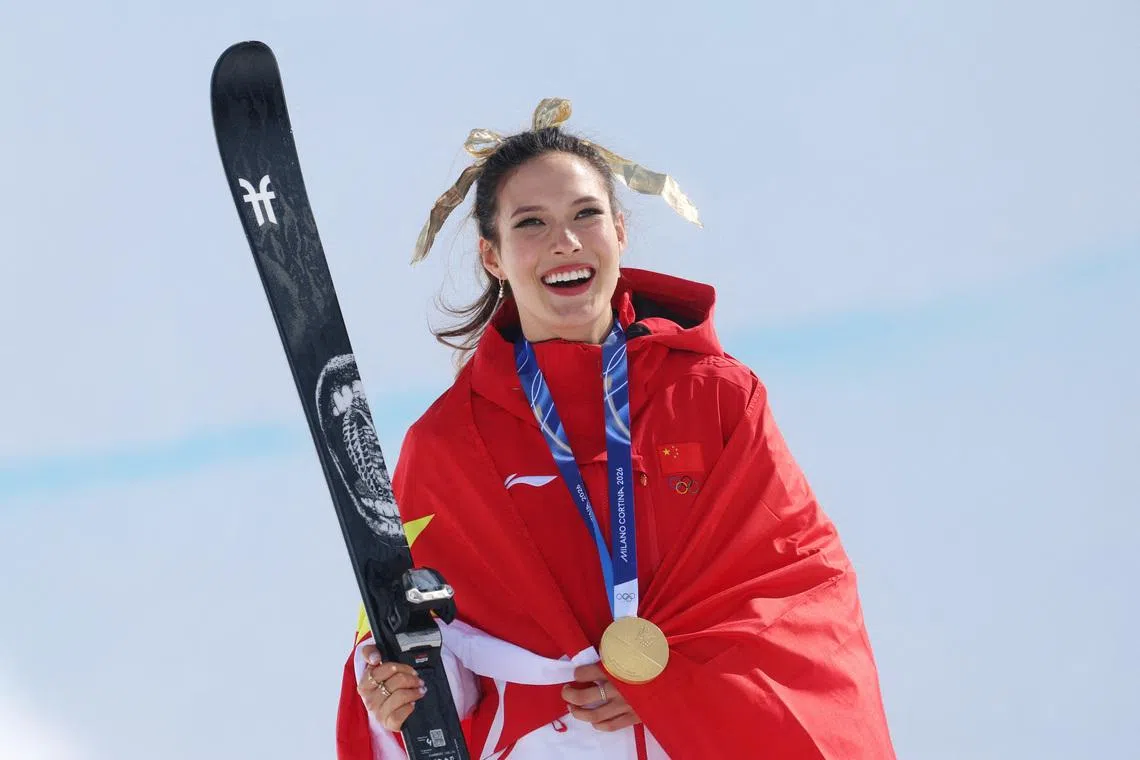 Milano Cortina 2026 Olympics - Freestyle Skiing - Women's Freeski Halfpipe Victory Ceremony - Livigno Snow Park, Livigno, Italy - February 22, 2026. Gold medallist Ailing Eileen Gu of China celebrates during the women's freeski halfpipe victory ceremony REUTERS/Hannah Mckay