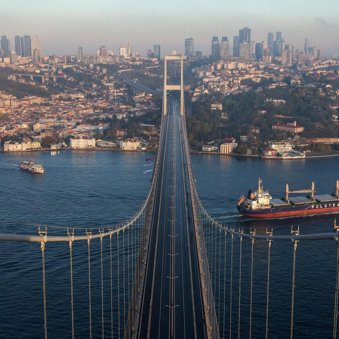A view of Istanbul's business and financial districts from the Bosphorus Bridge.
