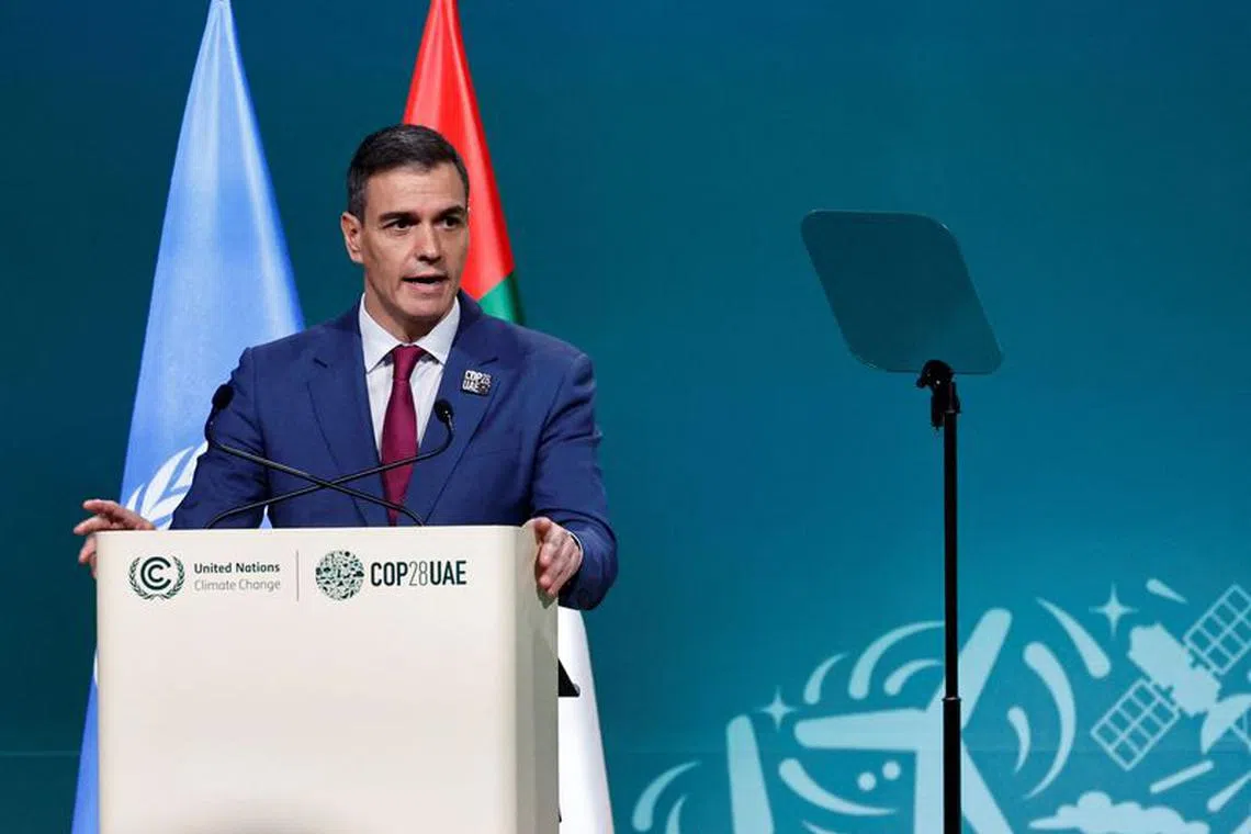 Spain's Prime Minister Pedro Sanchez delivers a national statement at the World Climate Action Summit during the United Nations Climate Change Conference (COP28) in Dubai, United Arab Emirates, December 1, 2023. REUTERS/Thaier Al Sudani