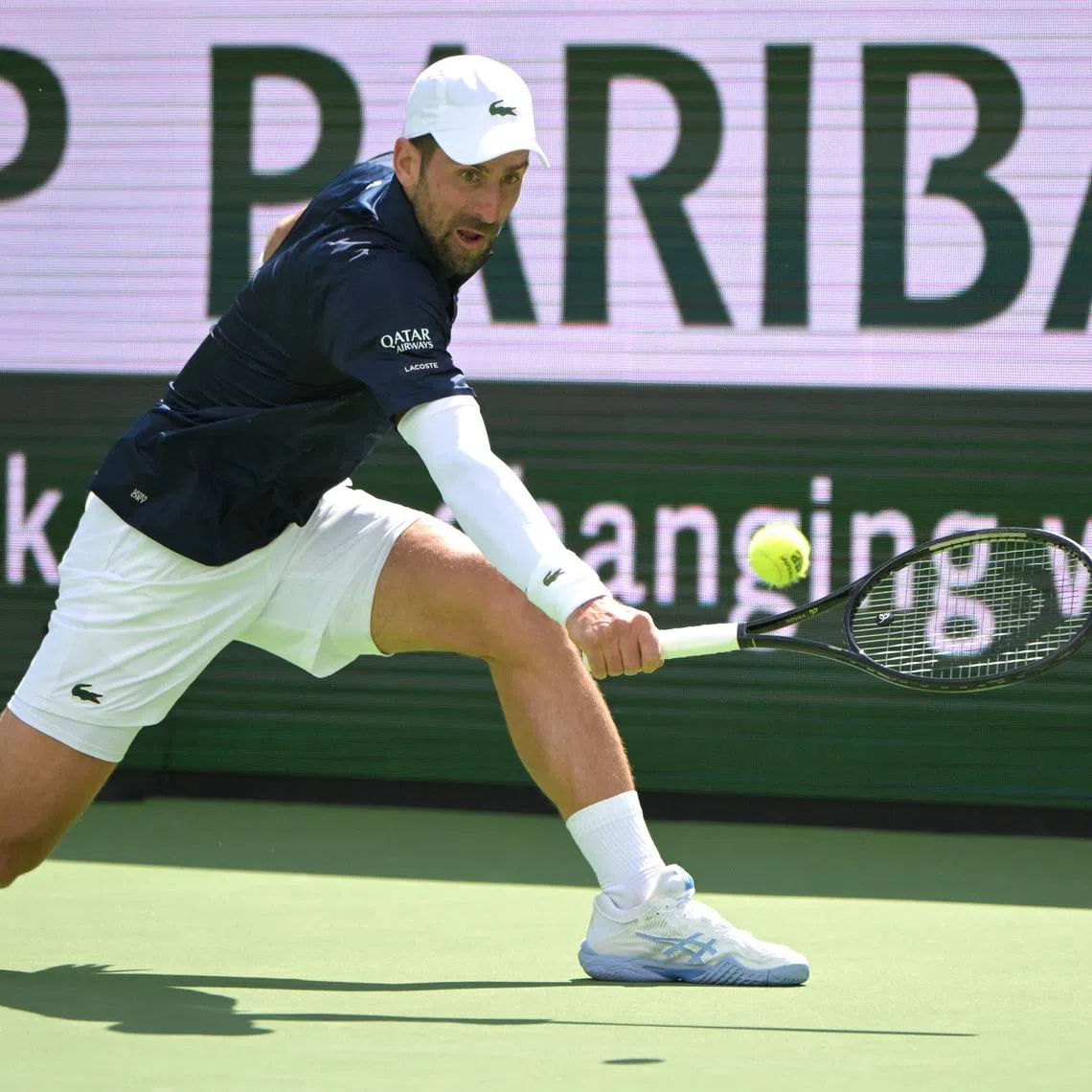 Mar 9, 2026; Indian Wells, CA, USA;  Novak Djokovic (SRB) hits a shot during his third round match as he defeated Aleksandar Kovacevic (USA) during the BNP Paribas Open at the Indian Wells Tennis Garden. Mandatory Credit: Jayne Kamin-Oncea-Imagn Images