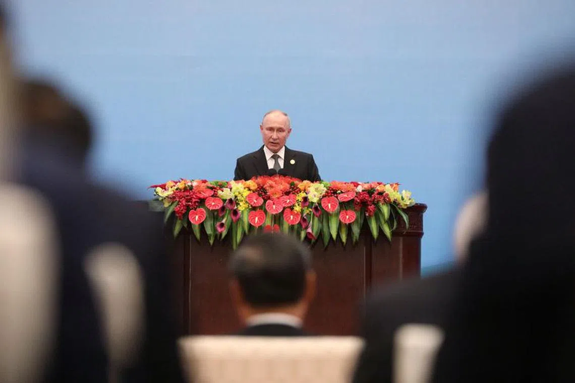Russian President Vladimir Putin delivers a speech during the opening ceremony of the Belt and Road Forum at the Great Hall of the People in Beijing, China, October 18, 2023. Sputnik/Andrei Gordeev/Pool via REUTERS