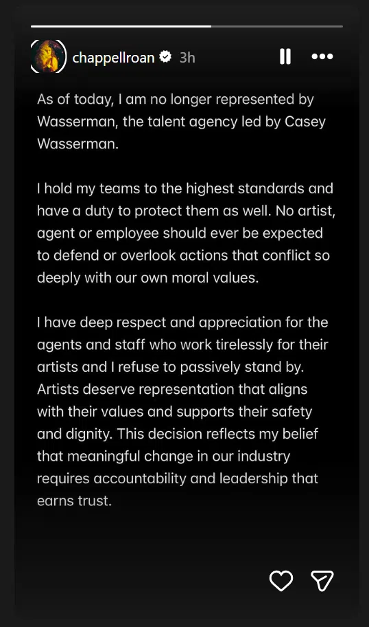 “As of today, I am no longer represented by Wasserman, the talent agency led by Casey Wasserman,” Roan said on Instagram.