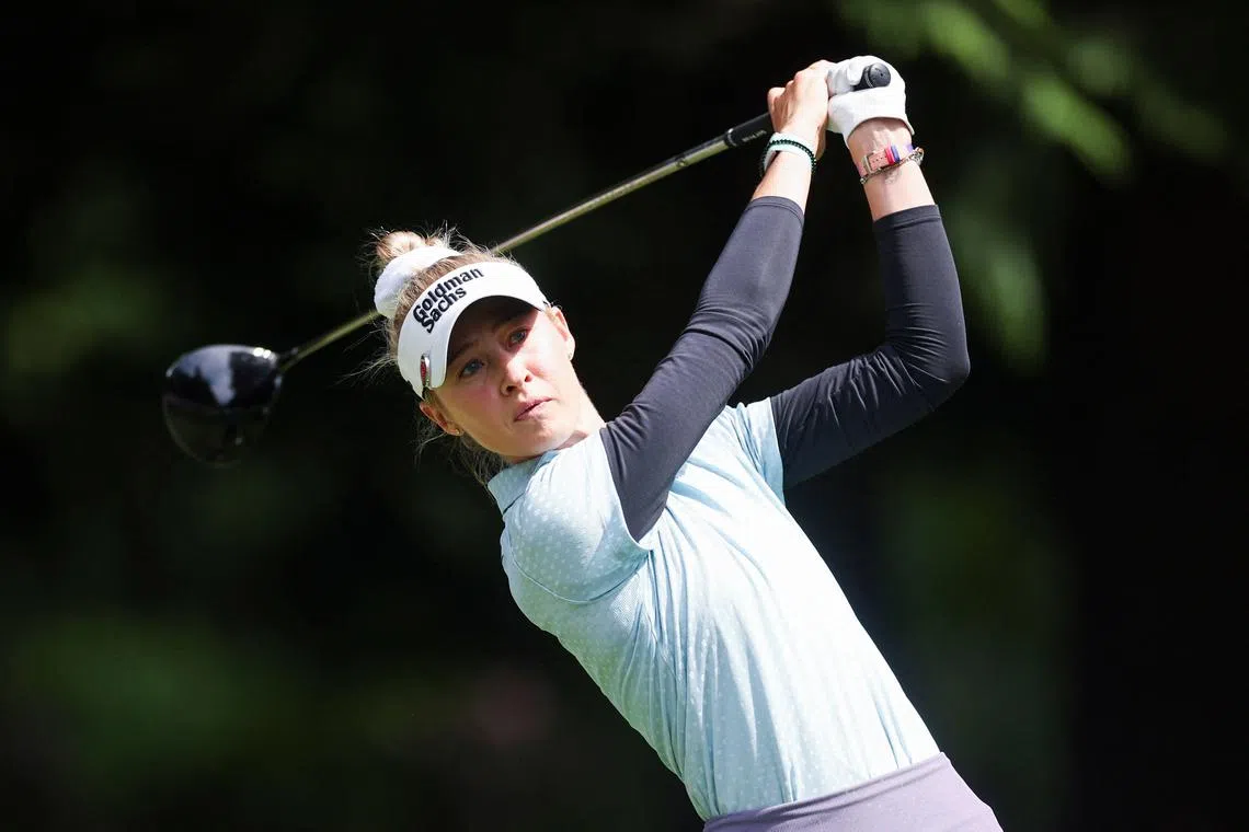 Nelly Korda of the United States hitting a tee shot on the seventh hole during the second round of the Women's PGA Championship at Sahalee Country Club on June 21 in Sammamish, Washington. She missed the cut.