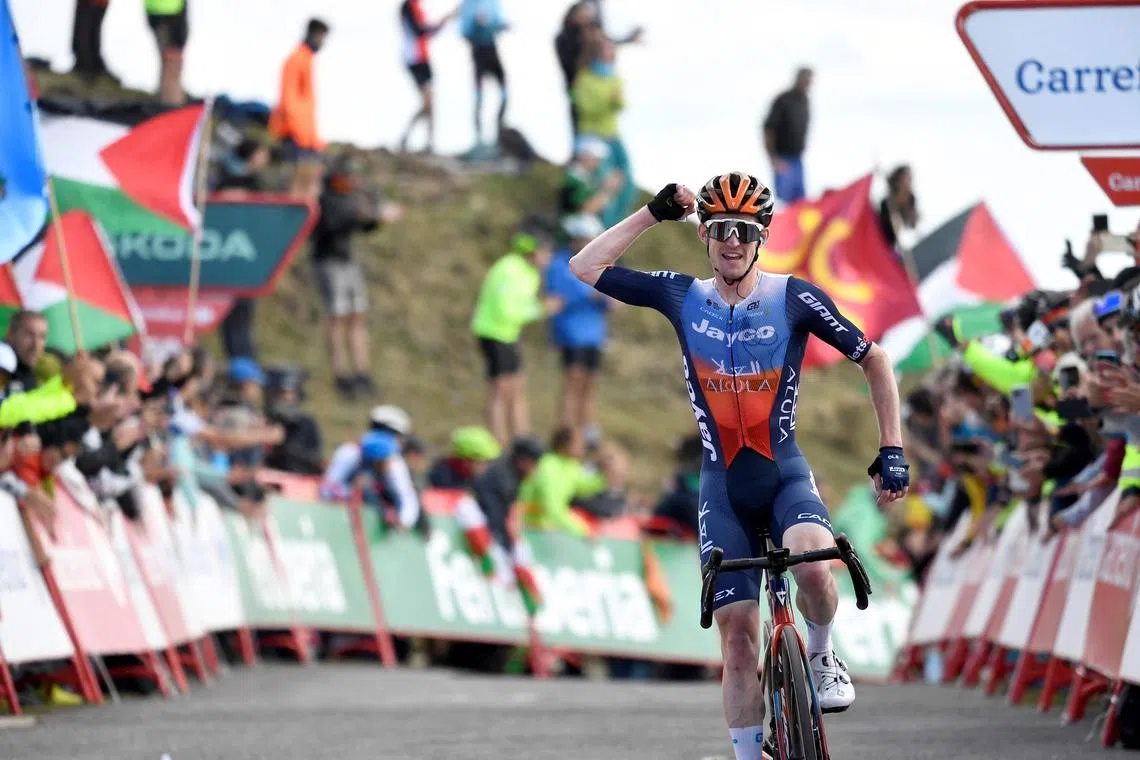 Team Jayco-AlUla's Eddie Dunbar celebrates winning stage 20 of the Vuelta a Espana, a 172km ride from Villarcayo to Picon Blanco, on Sept 7, 2024.