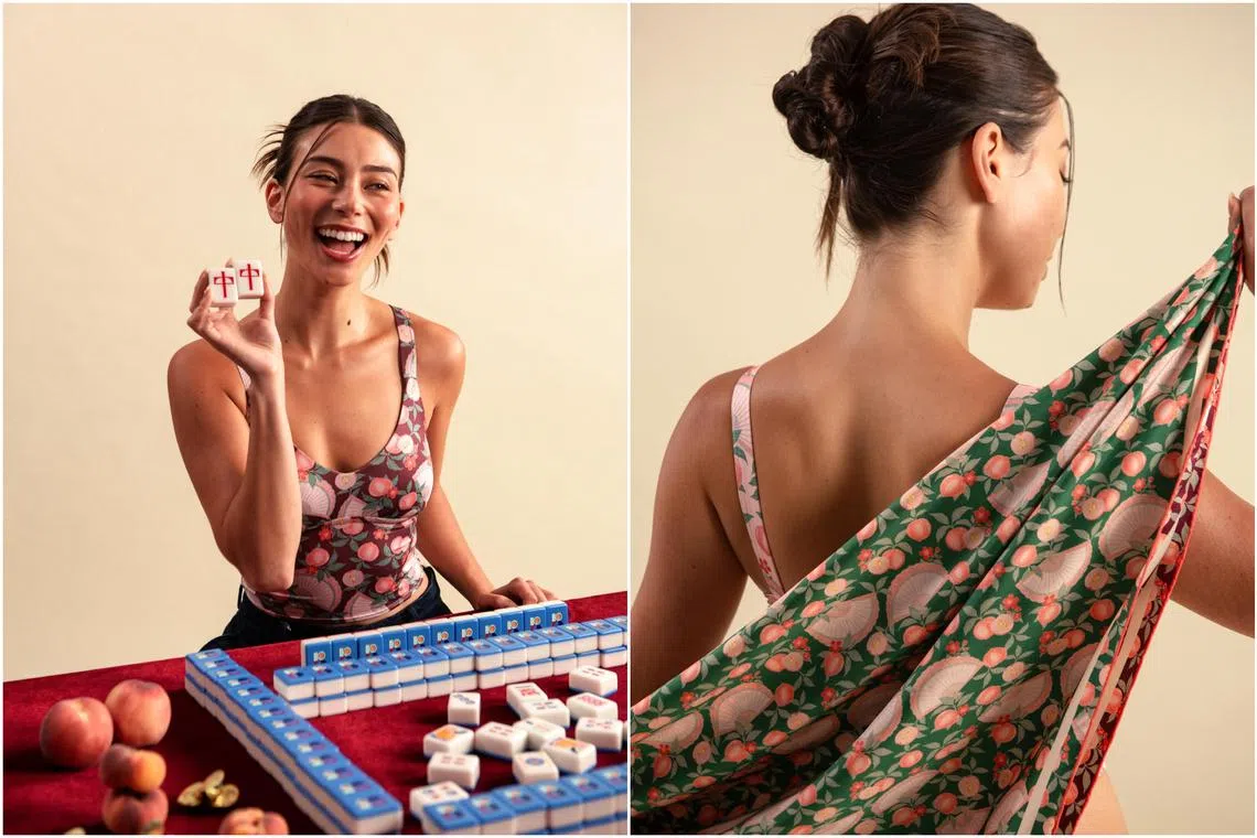 (From left) Perk by Kate x Studio Qiling Mia Padded Crop Top, Perk by Kate x Studio Qiling print.