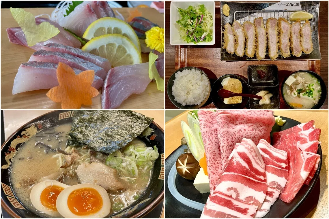 (Clockwise from top left) Kanpachi Amberjack, Berkshire black Kurobuta Pork, Karen Kagoshima's marbled wagyu and kurobuta and Tontoro Ramen in Kagoshima.