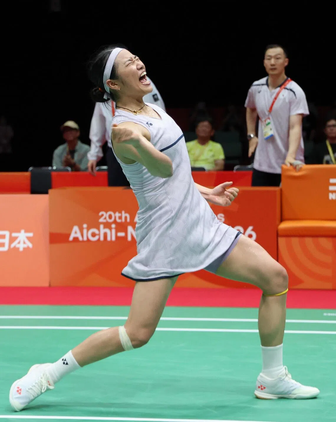 An Se-young celebrates after beating Japan’s Akane Yamaguchi 2-1 in the Asian Games badminton women’s team semi-finals which South Korea ultimately lost 3-1.