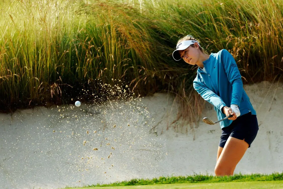Nelly Korda plays her shot during a practice round prior to the Women's PGA Championship at Baltusrol Golf Club.