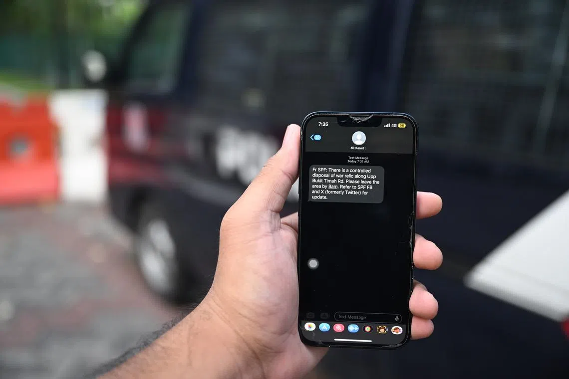 A MHAlert text at 7:21am to alert people about the detonation of the WW2 aerial bomb. ST Photo: Azmi Athni