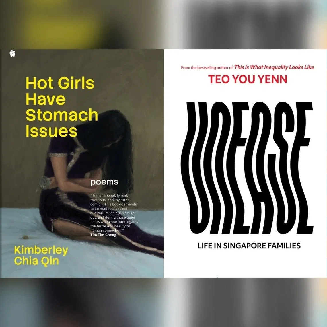 (From left) Hot Girls Have Stomach Issues by Kimberley Chia Qin, Unease: Life In Singapore Families by Teo You Yenn, and The Seriously Epic Holiday Of Lottie Brooks by Katie Kirby.