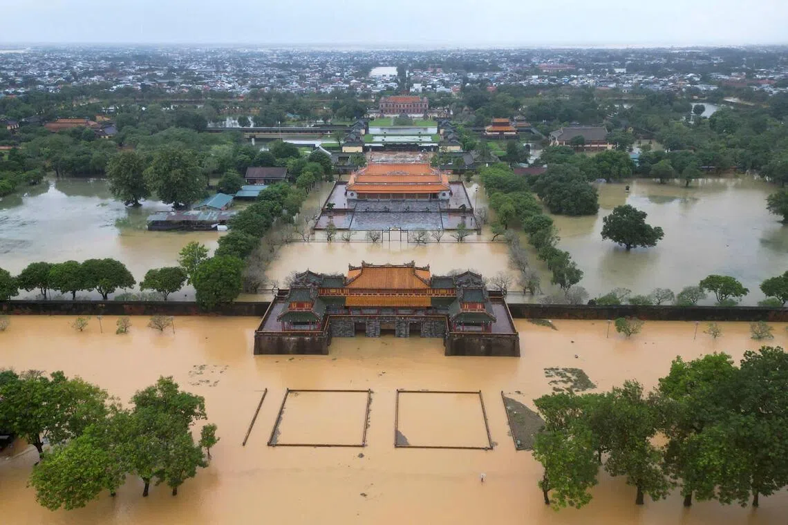 Floodwaters inundating the Imperial City in Hue, Vietnam, on Oct 28.