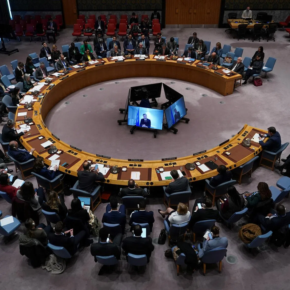 People attend a Security Council meeting at the United Nations headquarters in New York City, U.S., March 18, 2025. REUTERS/Adam Gray/File Photo