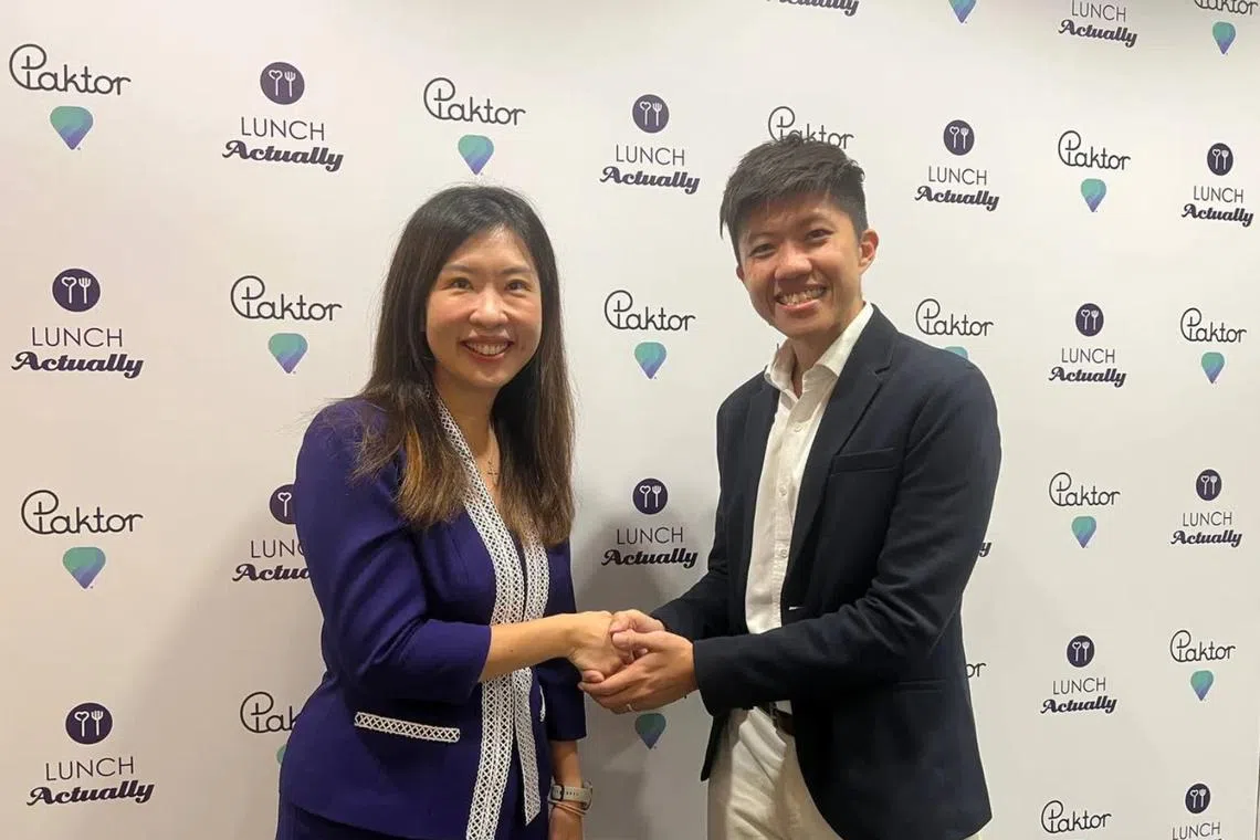 Violet Lim, co-founder and CEO of Lunch Actually, and Alex Tam, CEO of Paktor Group. The two dating agencies have merged to form Lunch Actually Paktor Group.