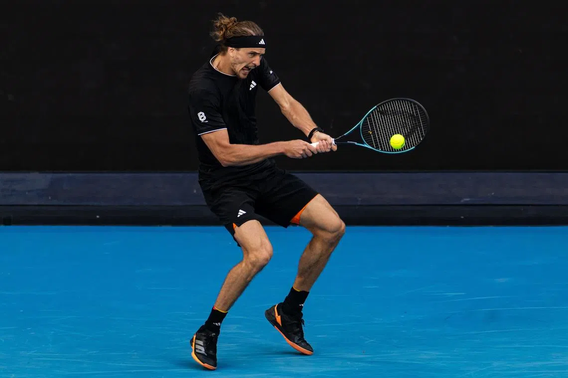Jan 25, 2026; Melbourne, Victoria, Australia; Alexander Zverev of Germany in action against Francisco Cerundolo of Argentina in the fourth round of the men’s singles at the Australian Open at John Cain Arena in Melbourne Park. Mandatory Credit: Mike Frey-Imagn Images