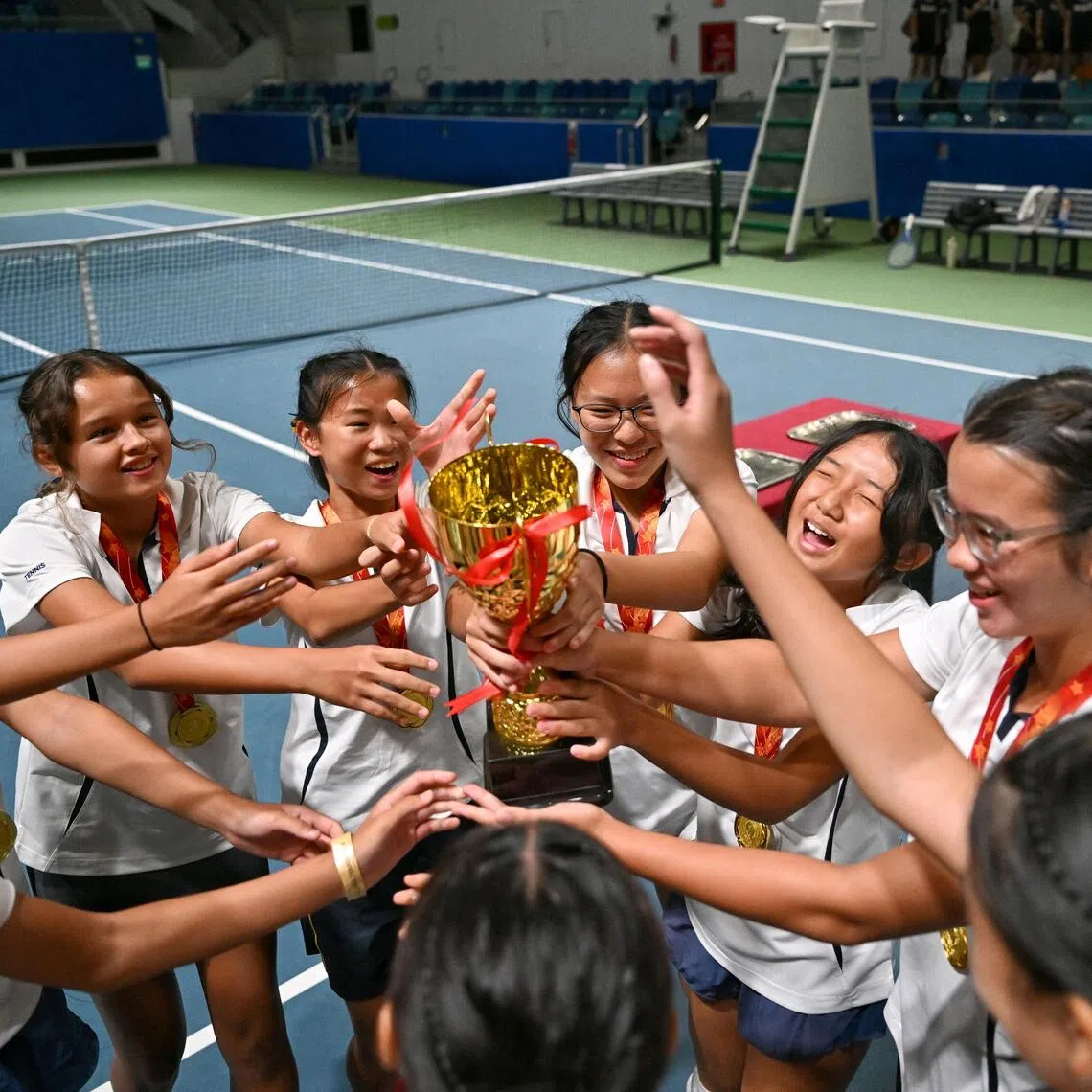 MGS players celebrating their win in the National School Games C Division at Kallang Tennis Hub on Aug 12.