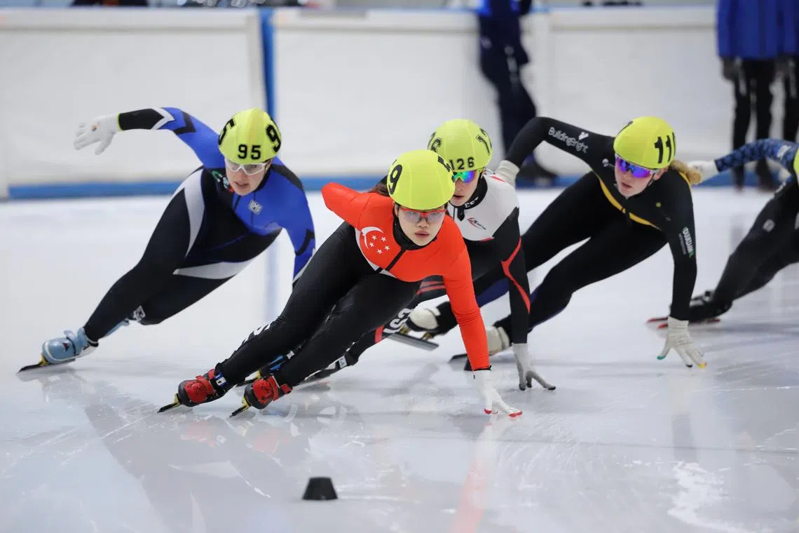 National short track speed skater Amelia Chua (in red) is one of two athletes representing Singapore at the 2024 Winter Youth Olympic Games in Gangwon.