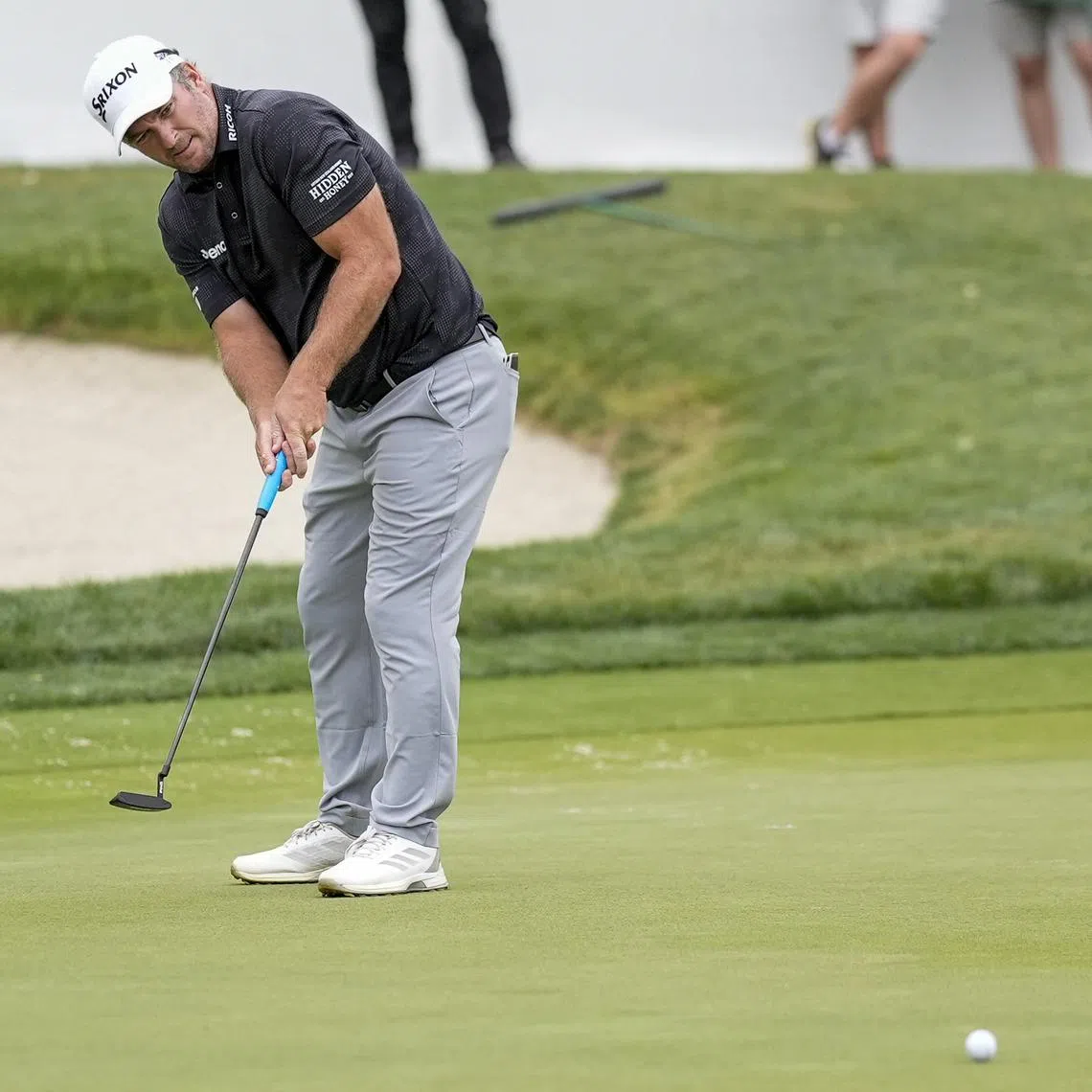 May 11, 2025; Myrtle Beach, South Carolina, USA; Ryan Fox putts on 18 to put himself in contention for a tie breaker during the final round of the Myrtle Beach Classic golf tournament. Mandatory Credit: Jim Dedmon-Imagn Images