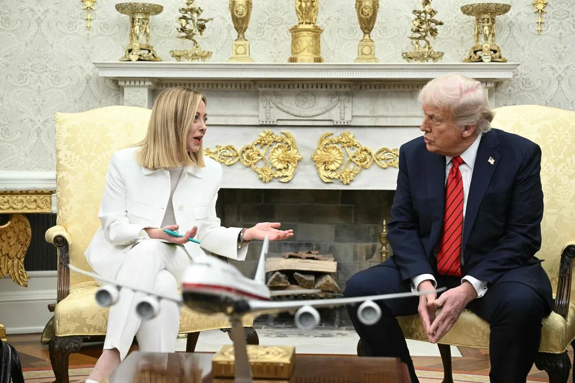 US President Donald Trump (right) meets with Italian Prime Minister Giorgia Meloni at the White House in Washington on April 17.