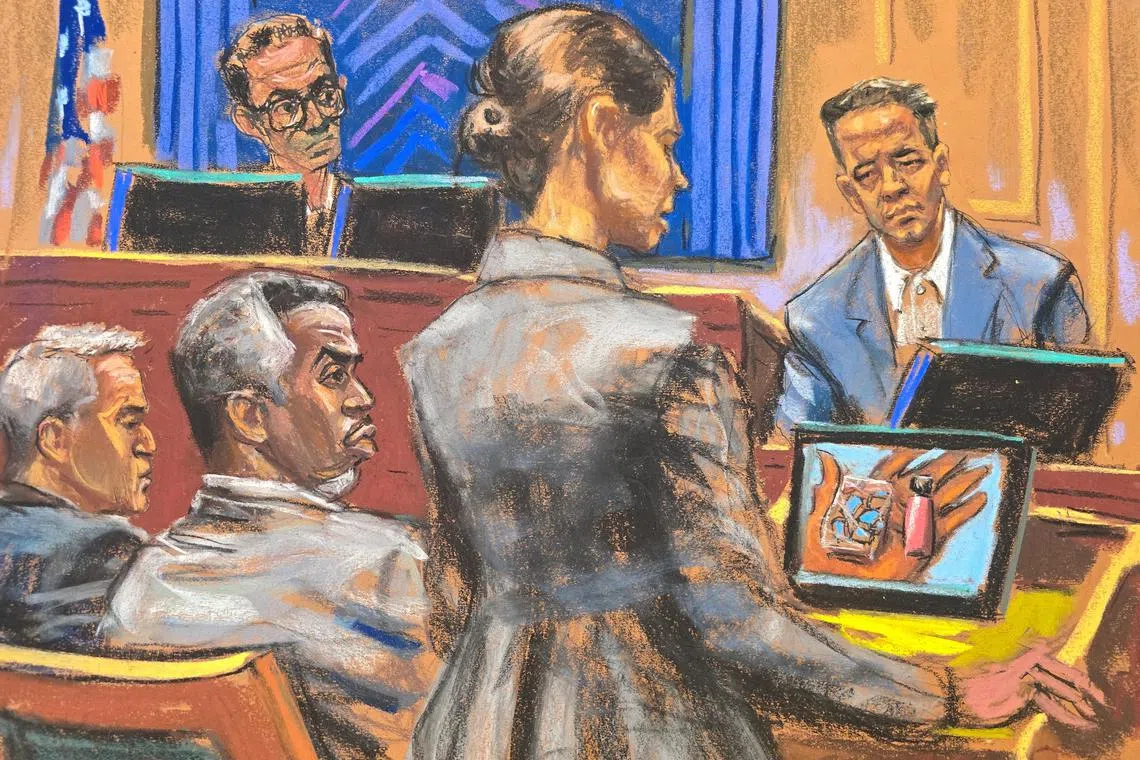 Sean "Diddy" Combs listening in a court sketch, as Assistant US Attorney Christy Slavik questions Combs' former personal assistant, Brendan Paul, on June 20.