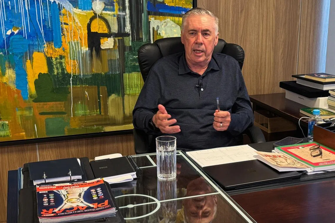 Brazil head coach Carlo Ancelotti speaks during an interview with Reuters in Rio de Janeiro, Brazil, May 12, 2026. Picture taken with a phone. REUTERS/Sergio Queiroz