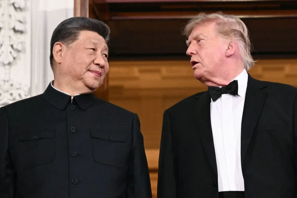 China’s President Xi Jinping and US President Donald Trump on the North Portico steps of the White House ahead of a State Dinner in Washington, DC, on Sept 24.