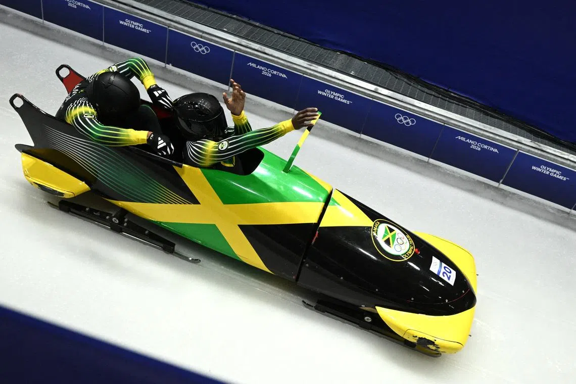 Milano Cortina 2026 Olympics - Bobsleigh - 2-man Heat 1 - Cortina Sliding Centre, Cortina d'Ampezzo, Italy - February 16, 2026. Shane Pitter and Junior Harris of Jamaica begins their first run REUTERS/Annegret Hilse