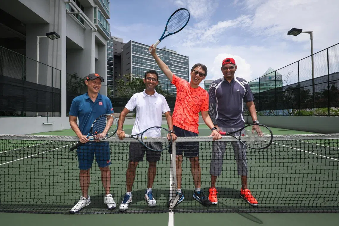 ST20241009_202446400194: Gin Tay/ chaed / Christine Tan YJ/
(From left.): Profile of Adjunct Associate Professor Kenneth Heng, 54, Senior Consultant Department of Emergency Medicine Tan Tock Seng Hospital and Central Health; Dr Sohil Pothiawala, 47, Senior Consultant, Department of Emergency Medicine, Woodlands Health; Dr Christopher Wong, 56, Senior Consultant Emergency Medicine, Woodlands Health; and Associate Professor Amila Punyadasa, 52, Senior Consultant Department of Emergency Medicine Woodlands Health; at City Lights tennis court, on Oct 9, 2024.