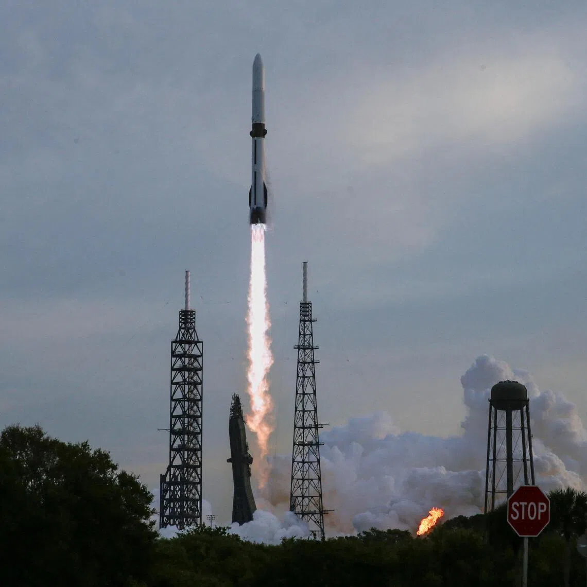 A Blue Origin New Glenn rocket lifts off on April 19. Blue Origin has spent billions of dollars and roughly a decade developing New Glenn, a rocket 29-stories high.